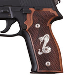 Walnut wood Sig Sauer P226 custom grips with silver logo from Bestpistolgrips, showing detailed wood grain and engraved logo.
