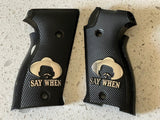 Black acrylic Sig Sauer P226 grips with silver logo and text, designed for a custom fit and enhanced grip.