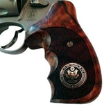 Smith & Wesson 500 grips made of rich root walnut with a silver custom logo for a stylish, ergonomic firearm enhancement.