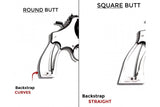 A split comparison diagram showing two butt styles for a firearm backstrap: a round butt with curved backstrap lines on the left, and a square butt with a straight backstrap on the right, labeled 'ROUND BUTT', 'SQUARE BUTT', 'Backstrap CURVES', and 'Backstrap STRAIGHT' on a white background.