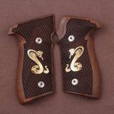 Sig Sauer M11-A1 custom walnut wood grips with brass logo inlay for enhanced firearm handling and stylish appearance.
