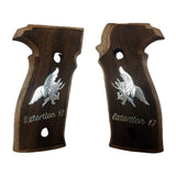 Sig Sauer M11-A1 custom walnut wood pistol grips with silver logo and text, designed for enhanced grip and aesthetic appeal.