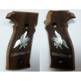 Sig Sauer M11-A1 custom walnut wood pistol grips with silver logo and text, designed for enhanced grip and aesthetics.