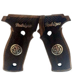 Sig Sauer M11-A1 custom walnut pistol grips with silver logo and personalized engraving, designed for enhanced grip and style.