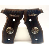 Sig Sauer M11-A1 custom walnut wood pistol grips with silver custom logo and personalized engraving, designed for enhanced grip and style.