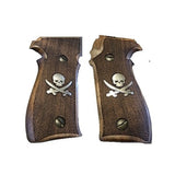 Sig Sauer P220 custom walnut wood pistol grips with silver custom logo, designed for improved grip and style.
