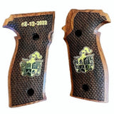 Sig Sauer M11-A1 custom walnut grips by Bestpistolgrips with brass logo and text