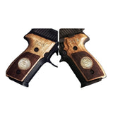 Sig Sauer P226 Legion custom grips made from walnut wood with silver logo and inlay, designed for enhanced grip and style.