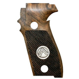 Sig Sauer P226 Legion custom walnut wood grips with silver logo inlay for enhanced grip and aesthetic appeal.