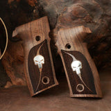 Sig Sauer P226 Legion custom walnut wood grips with silver logo inlay, designed for enhanced grip and aesthetic appeal.