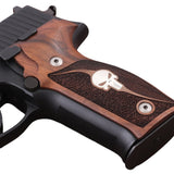 Sig Sauer P226 Legion custom grips made from walnut wood with silver logo inlay, designed for ergonomic handling and stylish look.