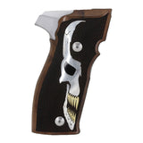 Sig Sauer P226 SAO custom grips made from black PMMA acrylic with silver and brass skull inlay for enhanced firearm aesthetics.