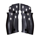 Sig Sauer P226 X5 custom grips made from black PMMA acrylic with silver logo inlay, designed for enhanced grip and style