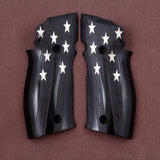 Sig Sauer P226 X5 custom grips made from black PMMA acrylic with silver logo inlay, designed for improved grip and style.