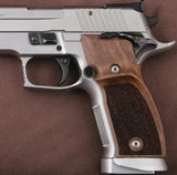 Sig Sauer P226 SAO custom walnut wood grips showing smooth finish and ergonomic design for enhanced firearm handling.