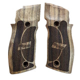 Walnut wood custom grips for Sig Sauer P226 X5 with engraved logo, designed for enhanced grip and aesthetic appeal.