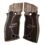 Walnut wood Sig Sauer P226 X5 custom grips with engraved logo for enhanced grip and style.