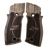 Sig Sauer P226 X5 pistol with custom walnut wood grips engraved with logo, showcasing detailed craftsmanship and ergonomic design.