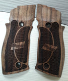 Sig Sauer P226 X5 custom walnut wood grips with engraved logo for enhanced grip and aesthetic appeal.