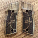 Sig Sauer P226 X5 custom walnut wood grips with engraved logo, designed for enhanced grip and aesthetic appeal.