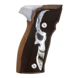 Sig Sauer P226 SAO custom grips made from walnut wood with silver logo inlay, designed for enhanced grip and style.