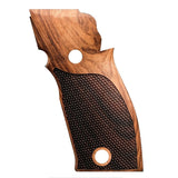 Sig Sauer P226 SAO custom walnut wood grips, showing detailed grain and ergonomic design for improved grip and aesthetic appeal.