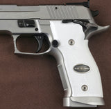 Sig Sauer P226 SAO custom grips made from white PMMA acrylic with silver logo inlay for enhanced grip and style.