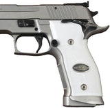 Sig Sauer P226 SAO custom grips made from white PMMA acrylic with silver logo inlay for enhanced grip and style.