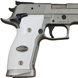 Sig Sauer P226 SAO custom grips made from white PMMA acrylic with silver logo inlay for enhanced firearm handling.