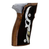 Sig Sauer P226 X5 custom grips made from black PMMA acrylic with silver and brass skull inlay, designed for enhanced grip and style.
