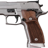 Sig Sauer P226 X5 custom grips made from walnut wood, showing the textured wood finish and ergonomic design.