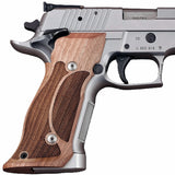 Sig Sauer P226 SAO custom walnut wood grips with integrated magwell on a pistol, designed for improved grip and handling.