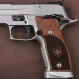 Sig Sauer P226 X5 custom walnut wood grips with engraved details, designed for enhanced grip and aesthetic appeal.