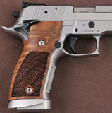 Sig Sauer P226 X5 custom walnut wood grips with dragon skin checkering, designed for enhanced grip and style.