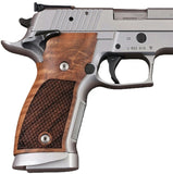 Sig Sauer P226 X5 custom grips made from walnut wood with dragon skin checkering for enhanced grip and style.