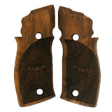 Sig Sauer P226 X5 custom walnut wood grips with engraved logo, designed for enhanced grip and classic firearm aesthetic.