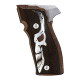 Walnut wood Sig Sauer P226 X5 custom grips with silver logo inlay, designed for enhanced grip and aesthetic appeal.