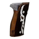 Walnut wood Sig Sauer P226 X5 custom grips with silver logo inlay, designed for enhanced grip and aesthetic appeal.