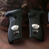 Black PMMA acrylic Sig Sauer P226 Legion custom grips with silver logo and initials for enhanced firearm style and grip.