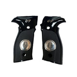 A pair of black pistol grip covers with textured grip panels, silver circular medallion details, and the letters 'OP' near the top, shown on a plain white background.