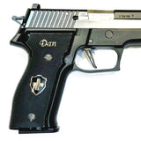 Black PMMA acrylic Sig Sauer P229 custom grips with silver logo and text inlay, designed for improved handling and style.