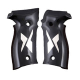 A pair of black pistol grip covers with white geometric logo decals, displayed side-by-side on a plain white background.