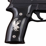 Sig Sauer P226 custom grips made from black PMMA acrylic with silver logo inlay, designed for enhanced firearm handling.