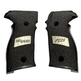 Sig Sauer P226 custom grips made from black PMMA acrylic with silver logo inlay, designed for enhanced grip and style.