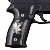 Sig Sauer P226 custom grips made from black PMMA acrylic with silver logo inlay, designed for enhanced grip and style.