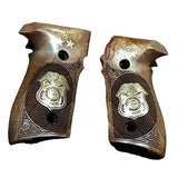 Sig Sauer P226 custom grips made from black PMMA acrylic with silver logo inlay, designed for enhanced grip and style.