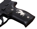 Sig Sauer P226 custom grips made from black PMMA acrylic with silver logo inlay, designed for enhanced grip and style.