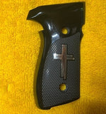 Sig Sauer P226 custom grips made from black PMMA acrylic with silver logo inlay, designed for enhanced grip and style.