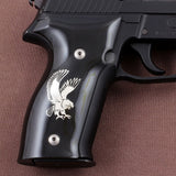 Sig Sauer P226 custom grips made from black PMMA acrylic with silver logo inlay, designed for enhanced firearm handling and style.
