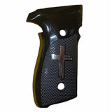Sig Sauer P226 custom grips made from black PMMA acrylic with silver logo inlay, designed for enhanced grip and style.
